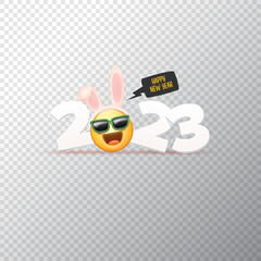 Obraz na płótnie Canvas 2023 Happy new year square banner with funny smile face with rabbit ears and sunglasses isolated on transparent background. 2023 new year banner, poster, flyer, cover with funny cute rabbit
