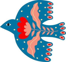 Illustration of a bird in folk art. Decor element.