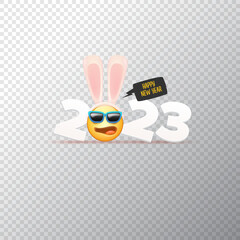 2023 Happy new year square banner with funny smile face with rabbit ears and sunglasses isolated on transparent background. 2023 new year banner, poster, flyer, cover with funny cute rabbit