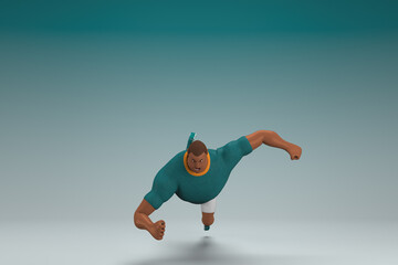An athlete wearing a green shirt and white pants. He is falling down.