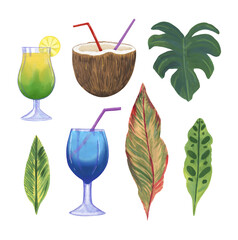 Tropical cocktails and plants. Tropical collection. Hand-drawn