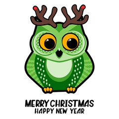 Cute owl with deer horns. Christmas, New Year concept. Humorous cartoon vector illustration.