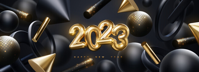 Golden 2023 numbers with flowing black and gold geometric 3d shapes. Vector festive illustration. Happy New 2023 Year. Festive poster or banner design. Party invitation