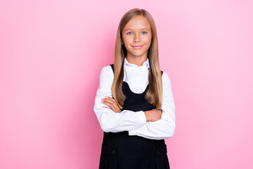 Photo of positive girl arm folded dressed stylish outfit satisfied new clothes isolated on pink color background