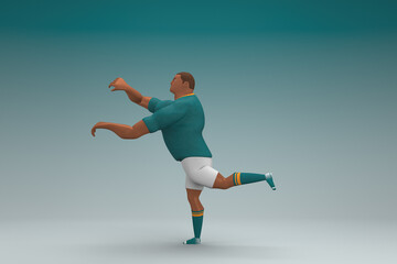 An athlete wearing a green shirt and white pants.  He is doing exercise. 3d rendering of cartoon character in acting.