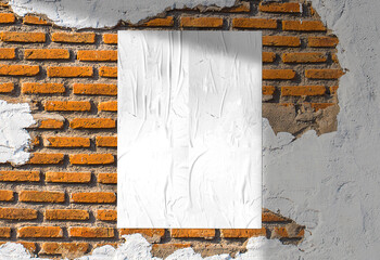 Afiche sobre muro de ladrillos. Plantilla en blanco sobre pared urbana. Textura urbana.
