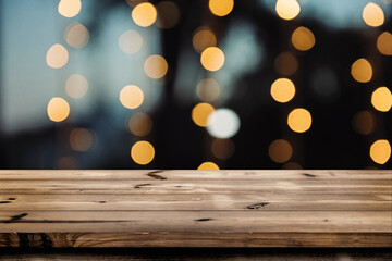Empty wooden table for product placement or montage with focus to the table top blurred bokeh background, suitable for montage product
