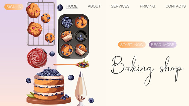 Muffins with berries, blueberry, cake, cookies isolated. Baking, bakery shop, cooking, sweet products, dessert, pastry concept. Vector illustration for poster, banner, website, advertising