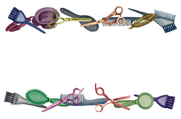 Watercolor seamless border with barber and hairdressing tools. Transparent layer.