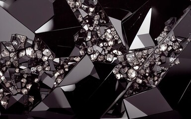 Black geometric crystals gemstone and white diamonds on black background. Beautiful natural stones.