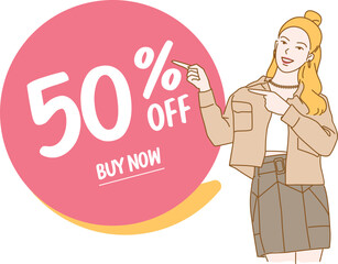 Banner announcing mega discount with half price reduction. Special offer with  advertisement. Promotion poster template super sale. Vector illustration character cartoon.