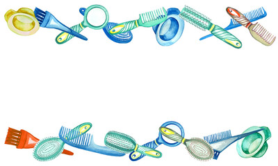 Watercolor seamless border with barber and hairdressing tools. Transparent layer.