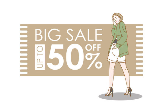 Banner announcing mega discount with half price reduction. Special offer with  advertisement. Promotion poster template super sale. Vector illustration character cartoon.