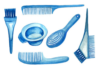 Watercolor set with barber and hairdressing tools. Transparent layer.