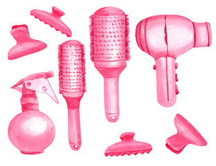 Watercolor set with barber and hairdressing tools. Transparent layer.