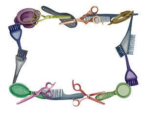 Watercolor frame with barber and hairdressing tools. Transparent layer.