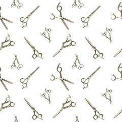 Watercolor seamless pattern with barber and hairdressing tools. Transparent layer.