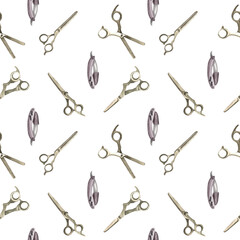 Watercolor seamless pattern with barber and hairdressing tools. Transparent layer.