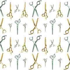 Watercolor seamless pattern with barber and hairdressing tools. Transparent layer.