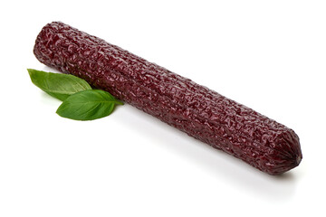 Italian sausage. Tasty dried sausage, close-up, isolated on white background.