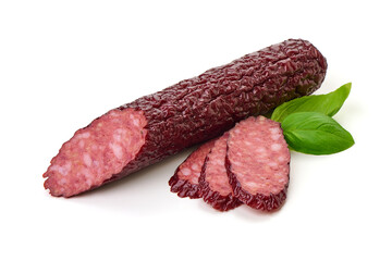Italian sausage. Tasty dried sausage, close-up, isolated on white background.