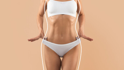 Weightloss Concept. Unrecognizable slim woman with fit body with drawn lines around it