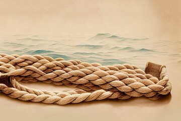 Marine rope vintage illustration on beige old paper. Hand drawn navy background with the sea.