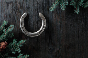 Old horseshoe and spruce branches on a wooden background.