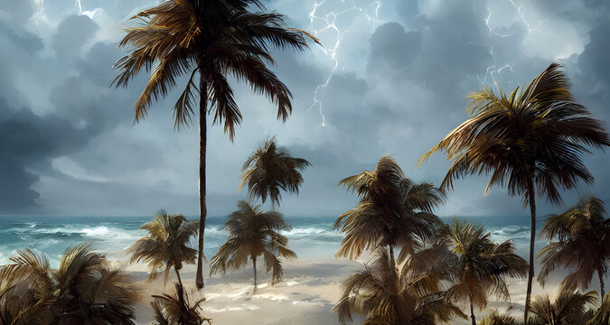 Hurricane tropical making landfall, beach with palm trees landscape illustration background. Digital matte painting