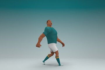 Naklejka na ściany i meble An athlete wearing a green shirt and white pants is walking. 3d rendering of cartoon character in acting.