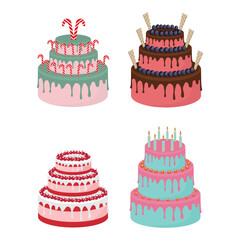 Big set of cakes, pastries, muffins and donuts. Vector illustrations of sweets isolated on white background.