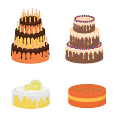 Big set of cakes, pastries, muffins and donuts. Vector illustrations of sweets isolated on white background.