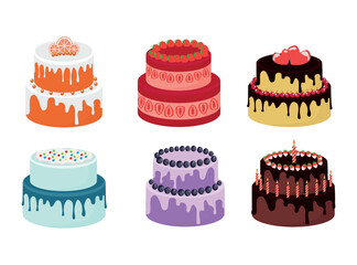 Big set of cakes, pastries, muffins and donuts. Vector illustrations of sweets isolated on white background.