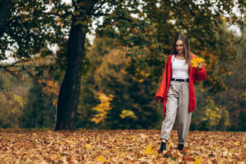Young beautiful woman walking in autumn park and holding leaves