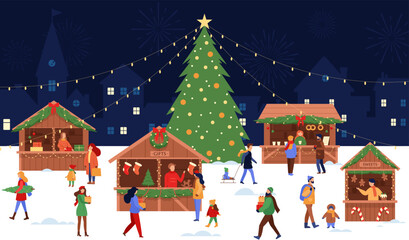 Christmas market. Vector illustration of festival stand and wooden kiosk with people, pine tree, sweets, gifts. Winter holiday fairs decorating fir-tree branches, garlands. Traditional marketplace