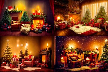 Fototapeta na wymiar Cozy vintage Christmas holdiay decorated room with Christmas tree, fireplace, candles, toys, carpet and armchair.