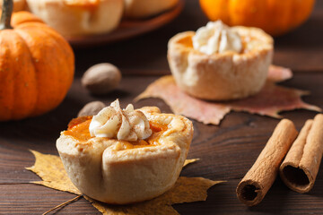 Pumpkin mini pies with whipped cream and spices on a wooden background. Close-up