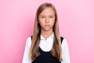 Closeup photo of young little cute preteen girl schoolkid wear uniform prepare for study september...
