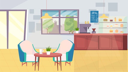 Coffee shop interior concept in flat cartoon design. Barista table with coffee machine, menu, showcase with desserts, table with armchairs, door and window. Illustration horizontal background