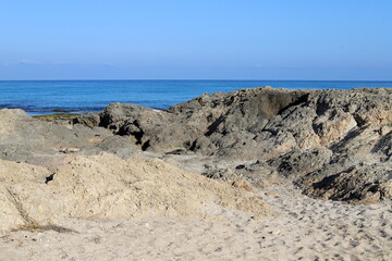 Rocks on the shores of the Mediterranean Sea in northern Israel.