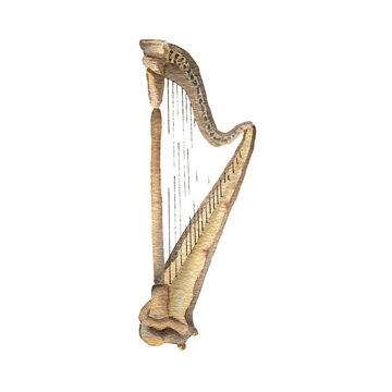 Harp hand drawn illustration in watercolor on white background.