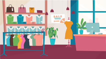 Clothing store interior concept in flat cartoon design. Shop with assortment of dresses on hangers, shirts and clothes, bags and accessories, cash checkout. Illustration horizontal background