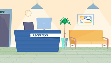 Reception interior concept in flat cartoon design. Waiting hall lobby with table with computer, sofa for visitors, paintings and decor, elevator door. Illustration horizontal background