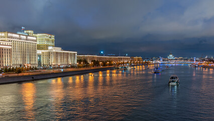 View of the Ministry of Defence of Russian Federation, and Moscow river embankment at summer night