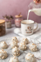 Beautiful and delicious homemade cookies or sweets with white and dark chocolate in retro grunge style.