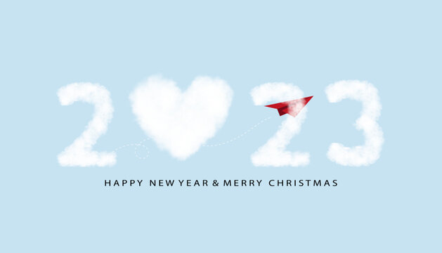 Happy new year number 2023 with heart Clouds, Red Paper Airplane flying up to Sky,Vector illustration text 2023 on blue background for Calendar, Banner design for New Year Year or Christmas Holiday
