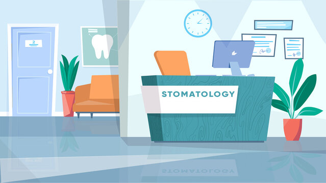 Dentistry waiting room interior concept in flat cartoon design. Lobby with reception desk, workplace with computer, sofa for patients by doctor office door. Illustration horizontal background
