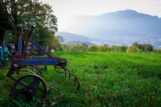 Romage 10 2022 old rusty blue agricultural tool in a field