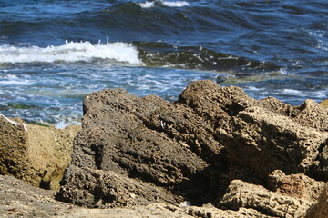 Rocks on the shores of the Mediterranean Sea in northern Israel.