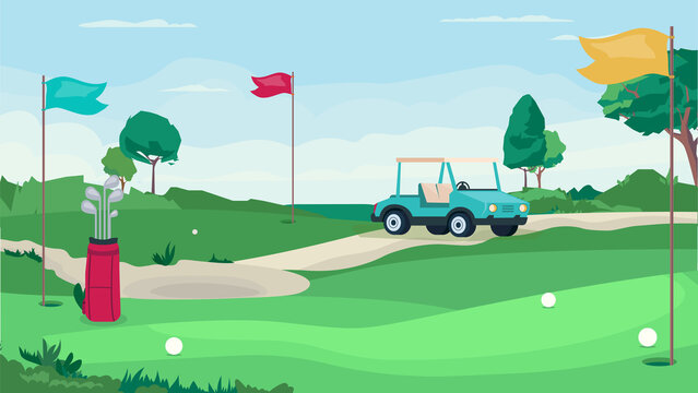 Golf game field concept in flat cartoon design. Green field with holes for balls and flags, golf car, bag with clubs. Competition place, tournament, sport. Illustration horizontal background